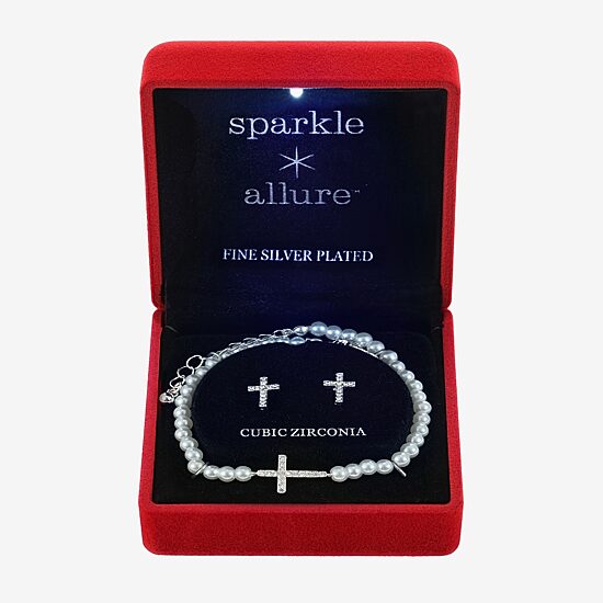 Sparkle Allure Light Up Box Womens Cubic Zirconia Simulated Pearl Pure Silver Over Brass Cross 2-pc. Jewelry Set