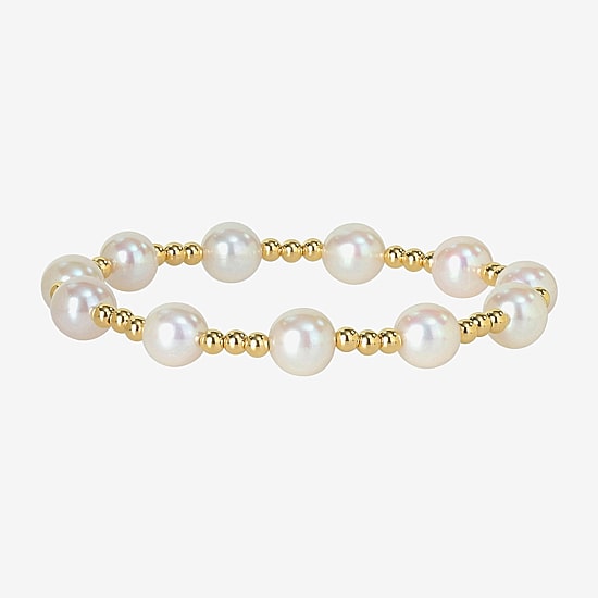 Womens White Cultured Freshwater Pearl 10K Gold Stretch Bracelet
