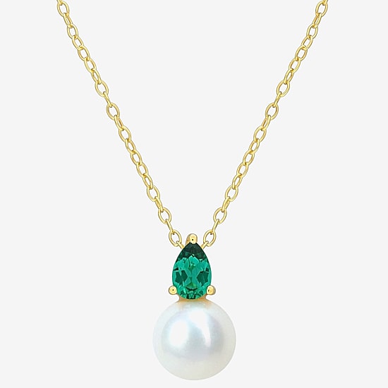 Womens White Cultured Freshwater Pearl & Gemstone 18K Gold Over Silver Pendant Necklace