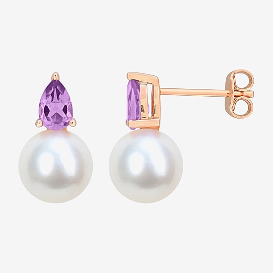 White Cultured Freshwater Pearl & Gemstone 18K Gold Over Silver 15.5mm Stud Earrings