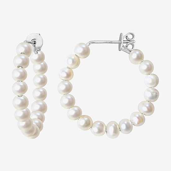 Womens White Cultured Freshwater Pearl Sterling Silver 26mm Hoop Earrings