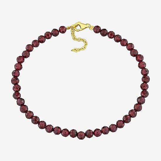 Womens Genuine Red Garnet 18K Gold Over Silver Beaded Bracelet