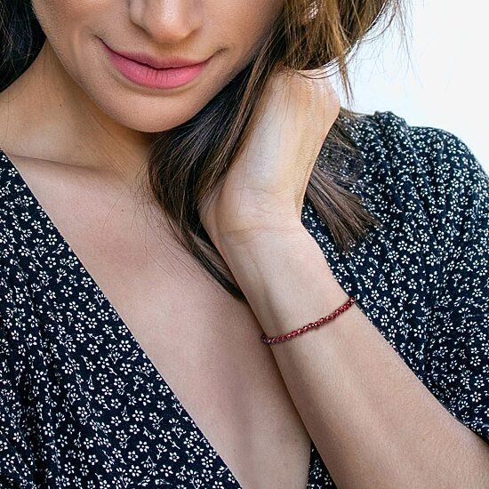 Womens Genuine Red Garnet 18K Gold Over Silver Beaded Bracelet