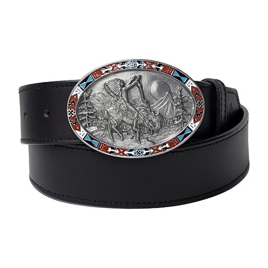 Western Express Oval End Of Trail Buckle With Enamel Finish Mens Belt