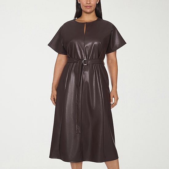 Sam And Jess Womens Plus Midi Keyhole Neck Short Sleeve Dolman Fit + Flare Dress