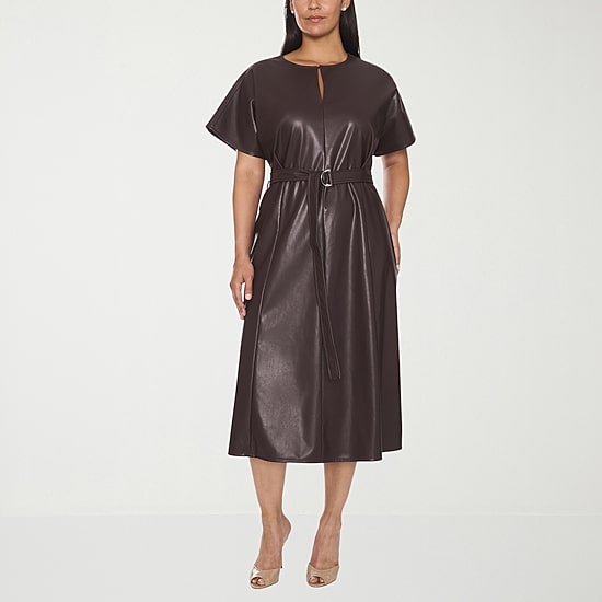 Sam And Jess Womens Plus Midi Keyhole Neck Short Sleeve Dolman Fit + Flare Dress