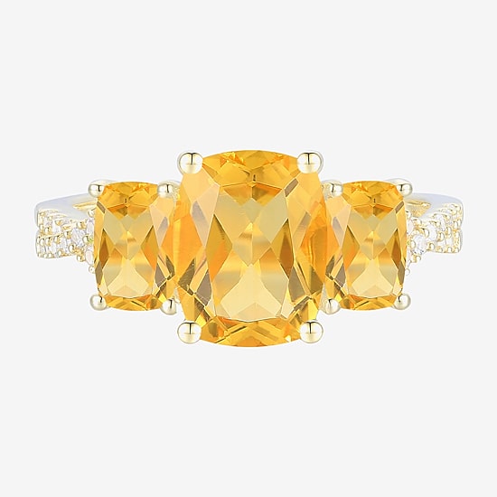 Womens Genuine Yellow Citrine 14K Gold Over Silver Cushion Side Stone Cocktail Ring