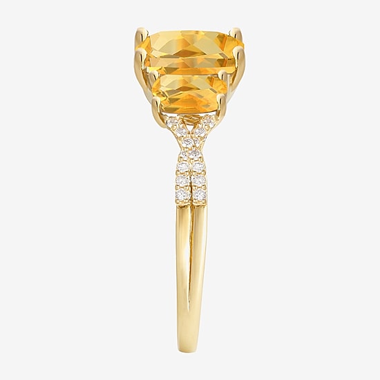 Womens Genuine Yellow Citrine 14K Gold Over Silver Cushion Side Stone Cocktail Ring