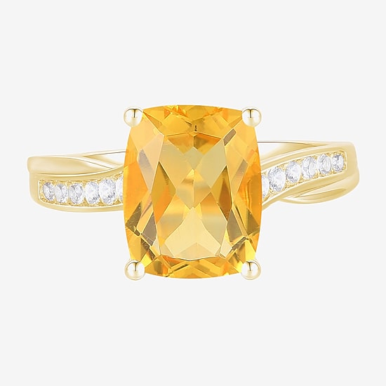 Womens Genuine Yellow Citrine 14K Gold Over Silver Cushion Side Stone Cocktail Ring
