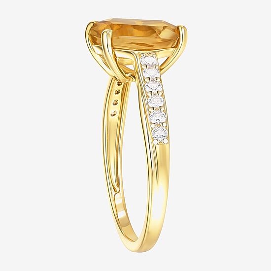 Womens Genuine Yellow Citrine 14K Gold Over Silver Cushion Side Stone Cocktail Ring