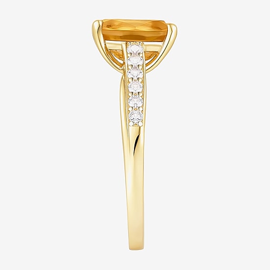 Womens Genuine Yellow Citrine 14K Gold Over Silver Cushion Side Stone Cocktail Ring