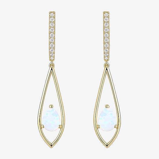 Womens Lab Created White Opal 14K Gold Over Silver Pear Round Drop Earrings