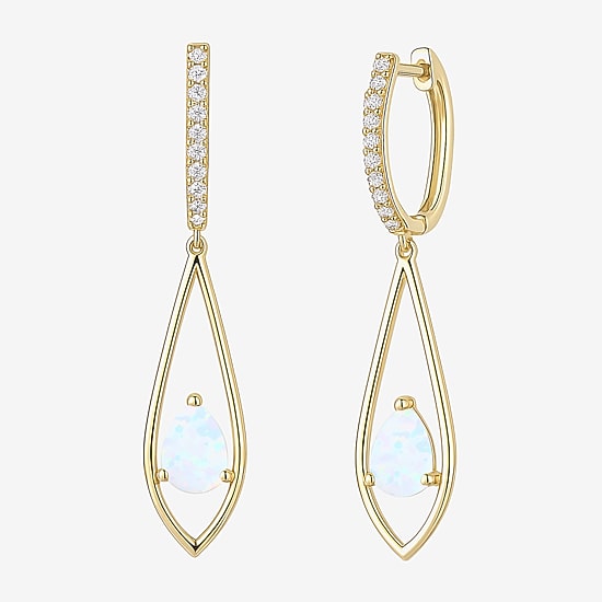 Womens Lab Created White Opal 14K Gold Over Silver Pear Round Drop Earrings