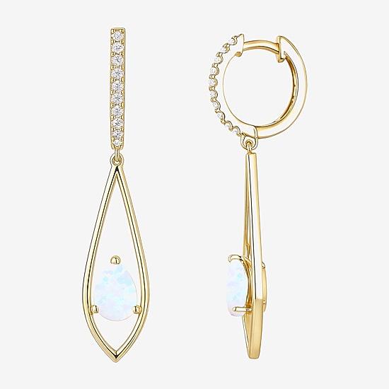 Womens Lab Created White Opal 14K Gold Over Silver Pear Round Drop Earrings