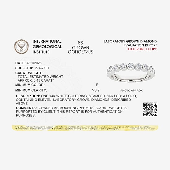 Grown Gorgeous Womens 1/2 CT. T.W. Lab Grown White Diamond 14K Gold or Platinum Anniversary Wedding Band