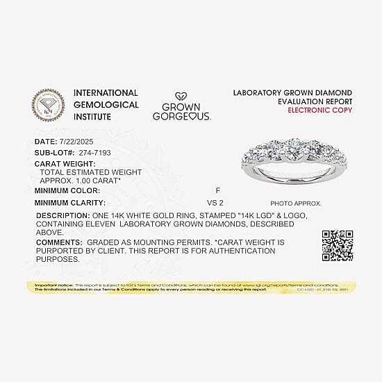 Grown Gorgeous Womens 2.5MM 1 CT. T.W. Lab Grown White Diamond 14K Gold Anniversary Wedding Band
