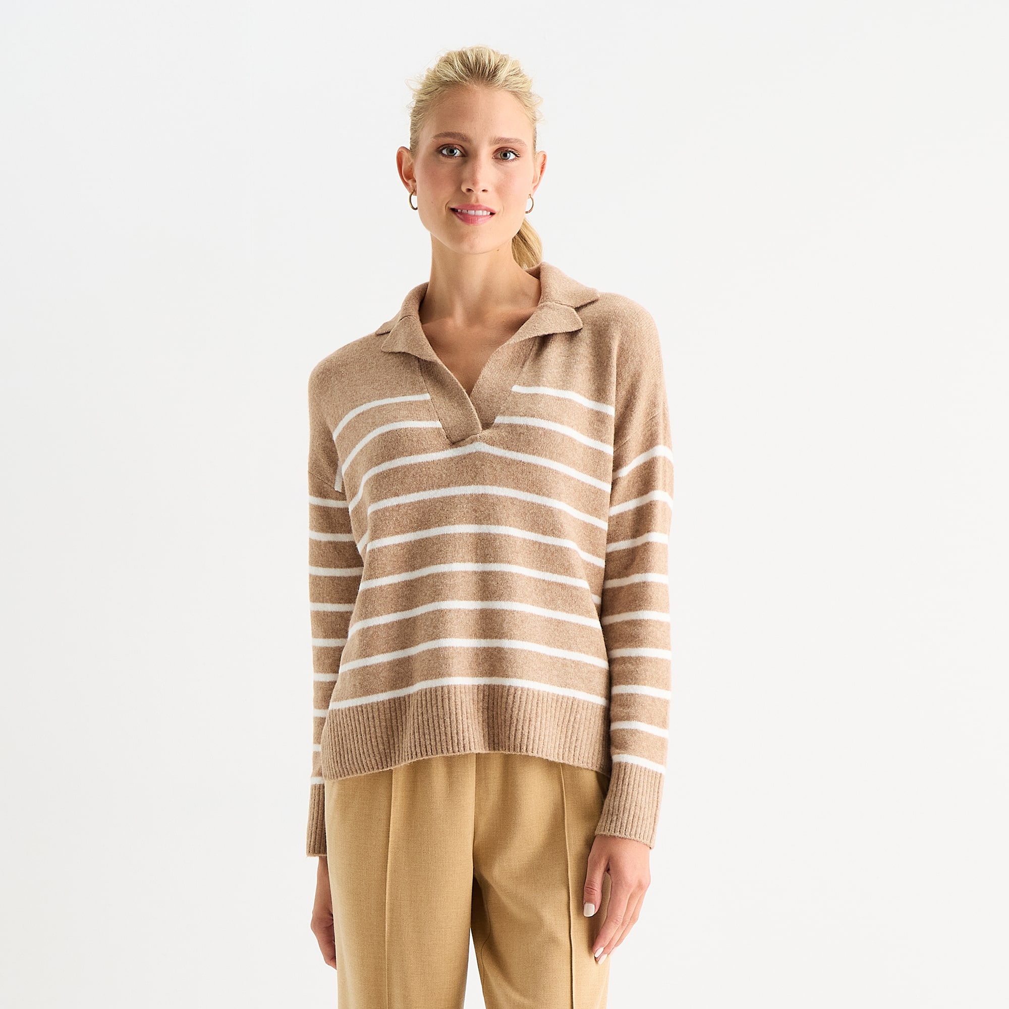 Stylus Womens Johnny Collar Long Sleeve Striped Pullover Sweater