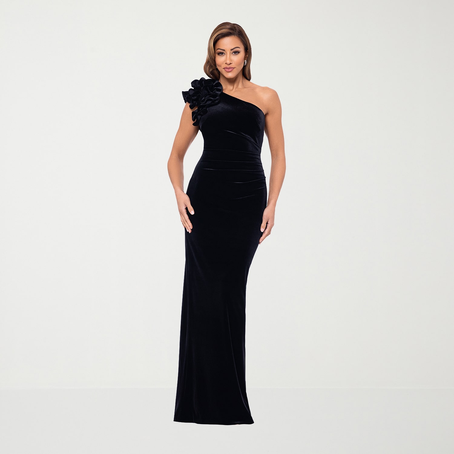 DJ Jaz Womens Asymmetrical Neck Sleeveless One Shoulder Velvet Evening Gown
