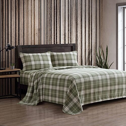 Eddie Bauer Printed Cotton Flannel 4-Pc. Sheet Set, King - Heartland plaid green