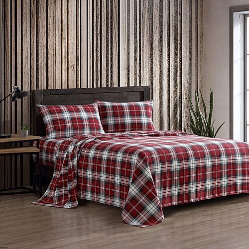 Eddie Bauer Printed Cotton Flannel 4-Pc. Sheet Set, King - Heartland plaid red