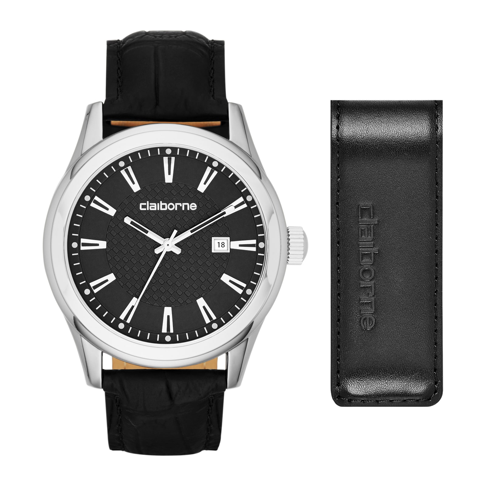 Claiborne® Mens Round Black Leather Strap Watch and Money Clip Box Set