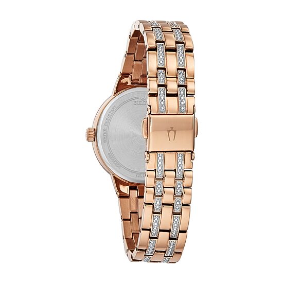 Bulova Phantom Womens Crystal Accent Rose Goldtone Stainless Steel Bracelet Watch 98l266