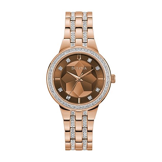 Bulova Phantom Womens Crystal Accent Rose Goldtone Stainless Steel Bracelet Watch 98l266