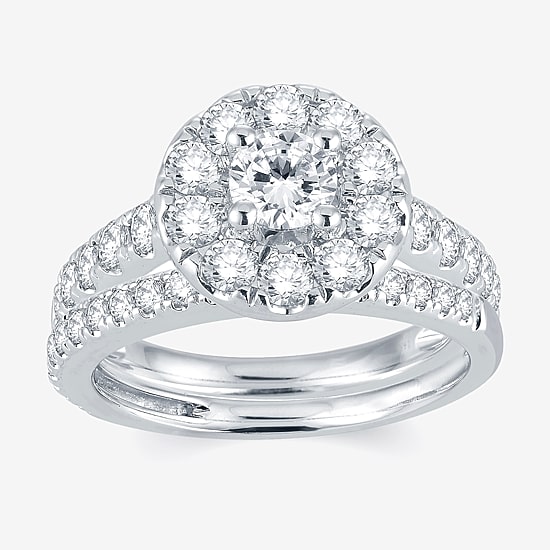 Signature By Modern Bride Womens 2 CT. T.W. Natural White Diamond 14K Gold Round Halo Bridal Set