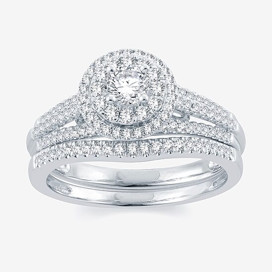Signature By Modern Bride Womens 3/4 CT. T.W. Natural White Diamond 14K Gold Round Halo Bridal Set