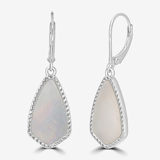 Silver Treasures Genuine Stone Womens White Mother Of Pearl Sterling Silver Drop Earrings