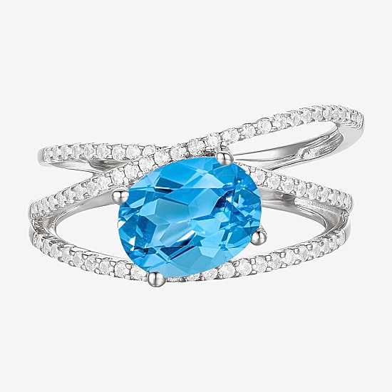 Womens Gemstone Sterling Silver Crossover Side Stone Cocktail Ring