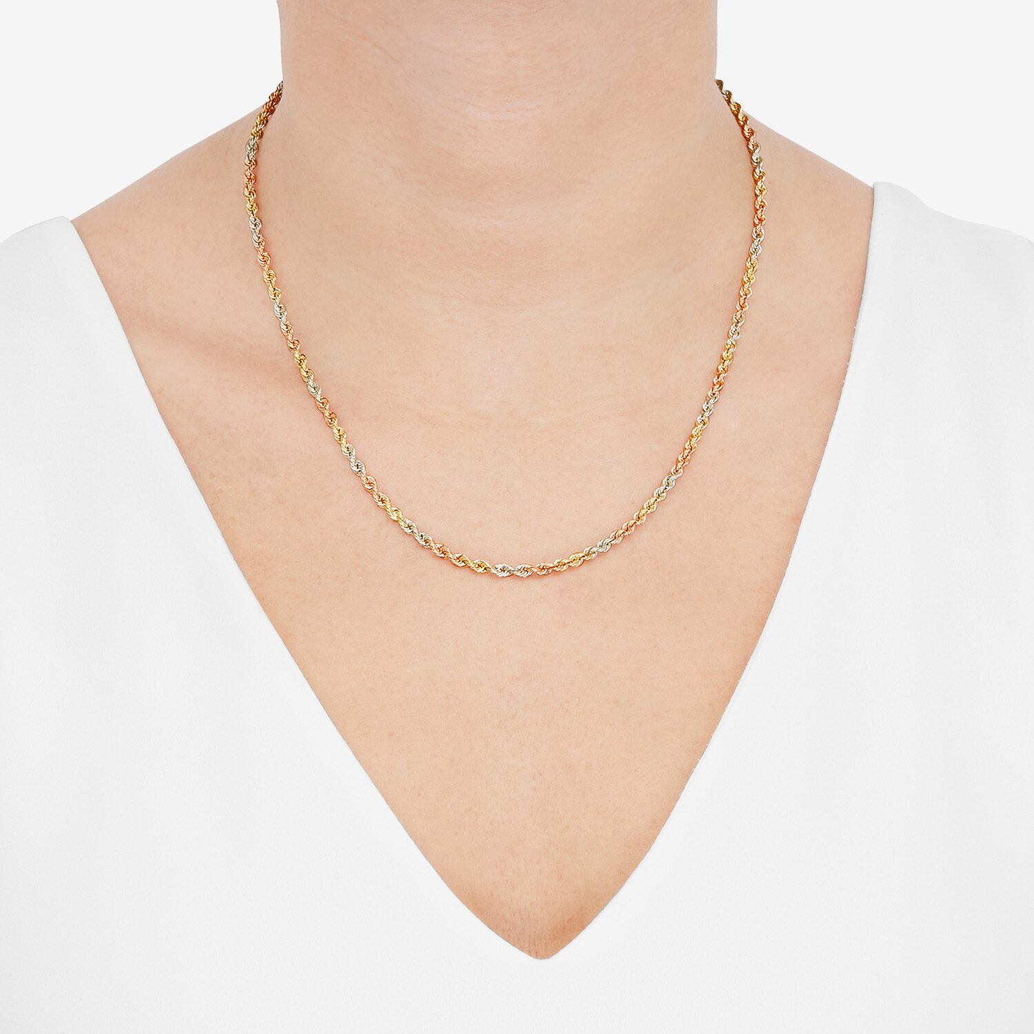 Unisex Adult 10K Tri-Color Gold 18 Inch Rope Chain Necklace