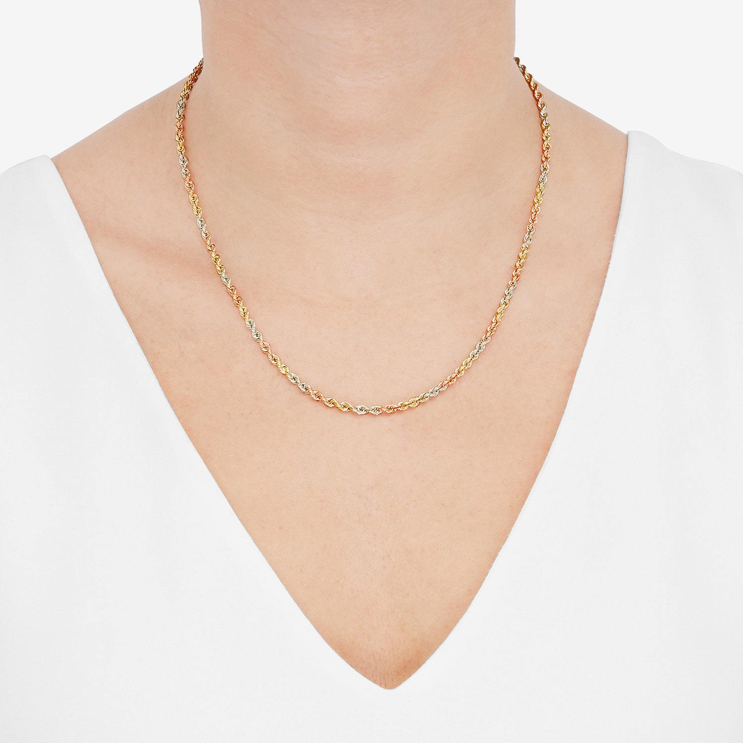 Womens 10K Tri-Color Gold 20 Inch Rope Chain Necklace