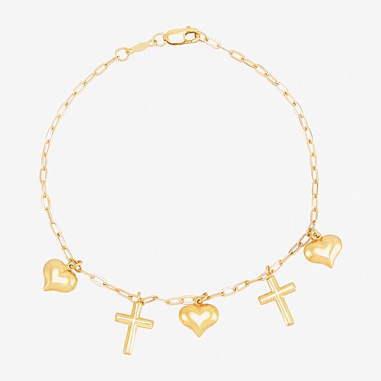 Gold Addiction Womens 10K Gold Cross Heart Charm Bracelet