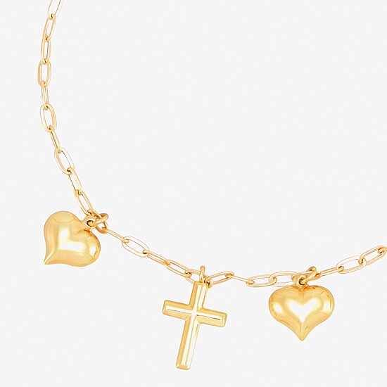 Gold Addiction Womens 10K Gold Cross Heart Charm Bracelet