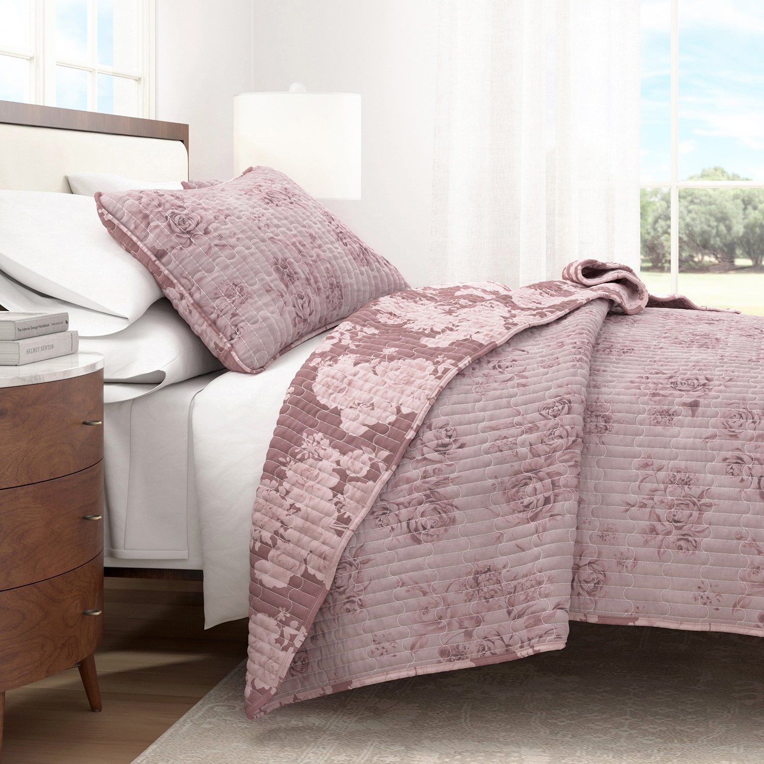 Linery Boho Floral With Scalloped Detail Cotton Reversible Quilt Set