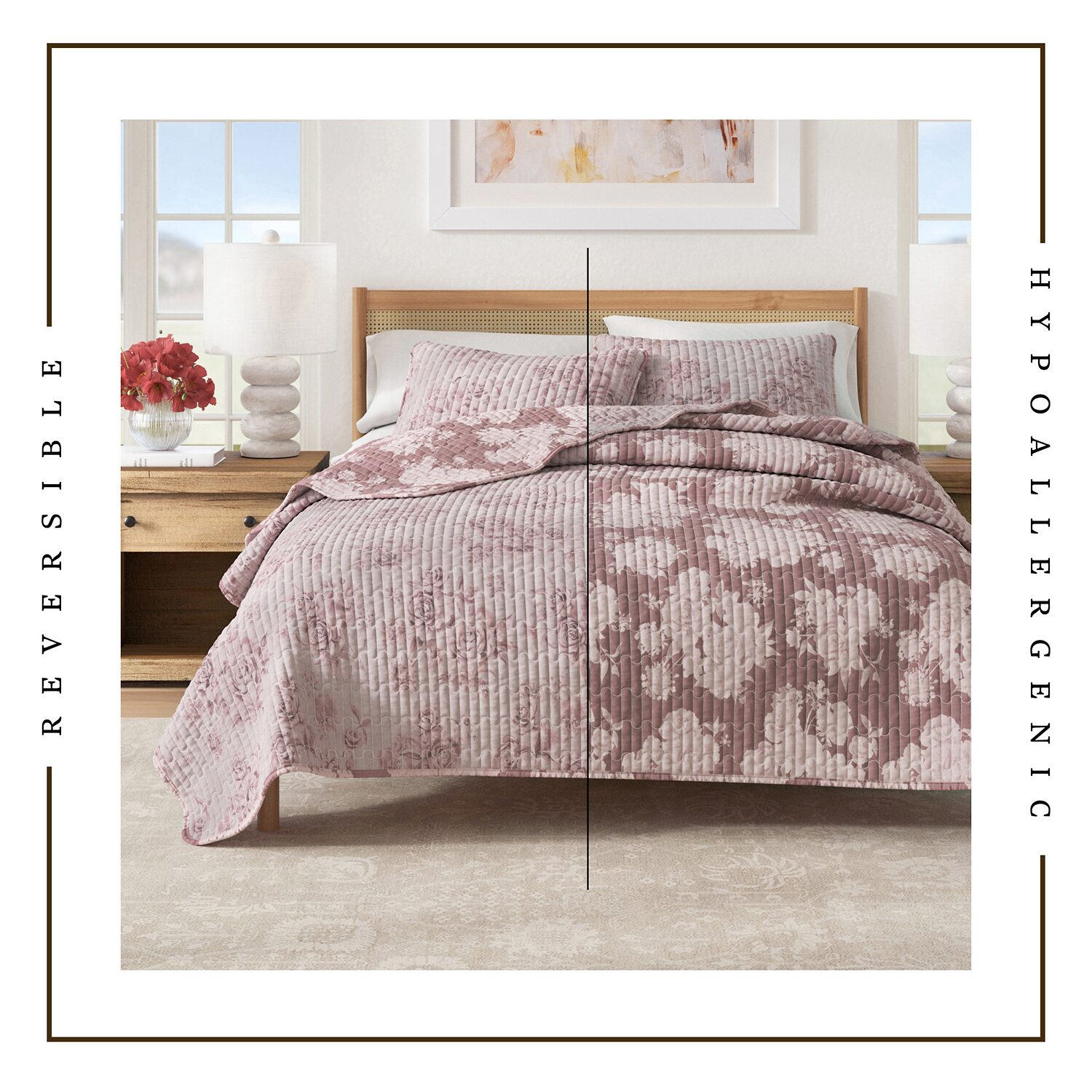 Linery Boho Floral With Scalloped Detail Cotton Reversible Quilt Set