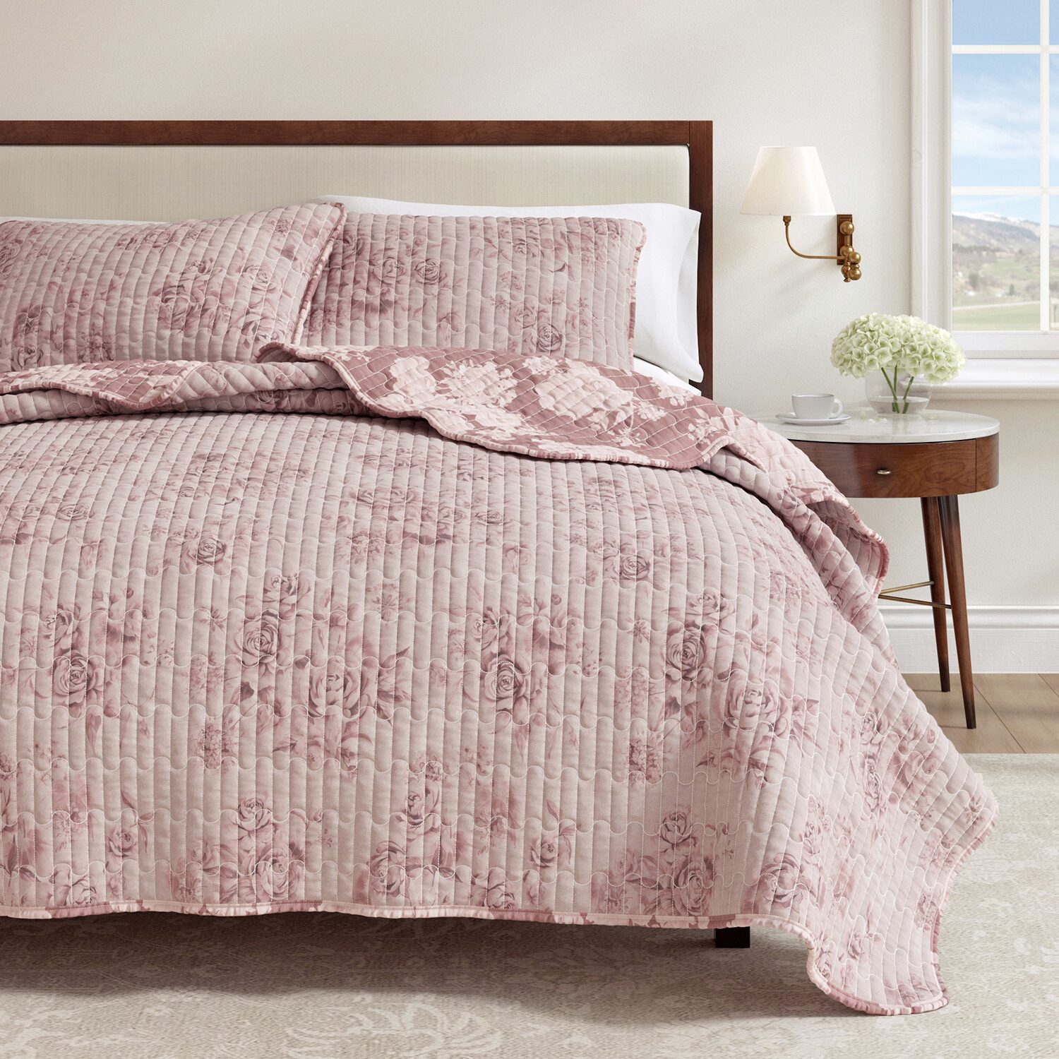 Linery Boho Floral With Scalloped Detail Cotton Reversible Quilt Set