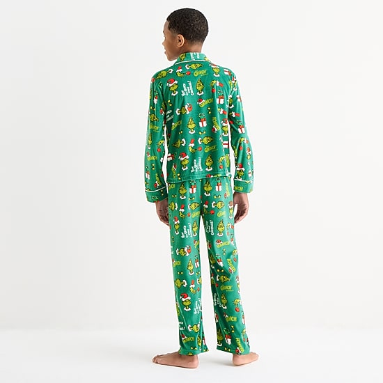 Little & Big Kid Unisex Dr. Seuss Grinch Velour V-Neck Long Sleeve 2-pc. Matching Family Pajama Set