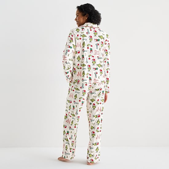 Womens Dr. Seuss Grinch Velour V-Neck Long Sleeve 2-pc. Matching Family Pajama Set