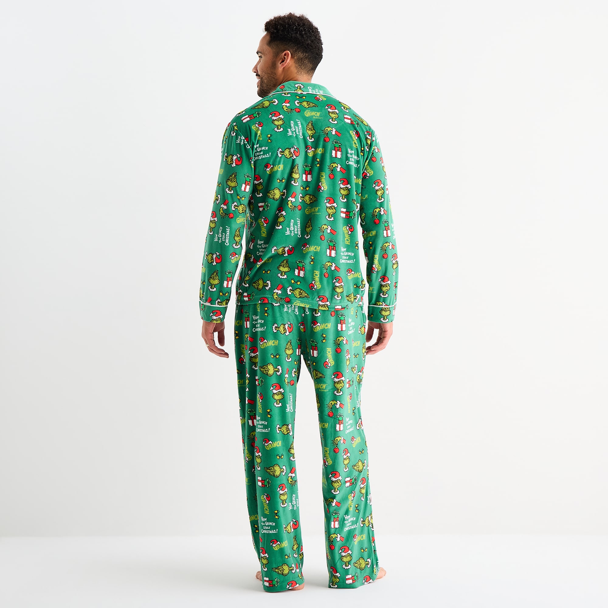 Mens Dr. Seuss Grinch Velour V-Neck Long Sleeve 2-pc. Matching Family Pajama Set