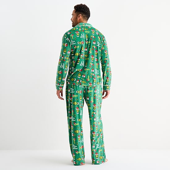 Mens Dr. Seuss Grinch Velour V-Neck Long Sleeve 2-pc. Matching Family Pajama Set