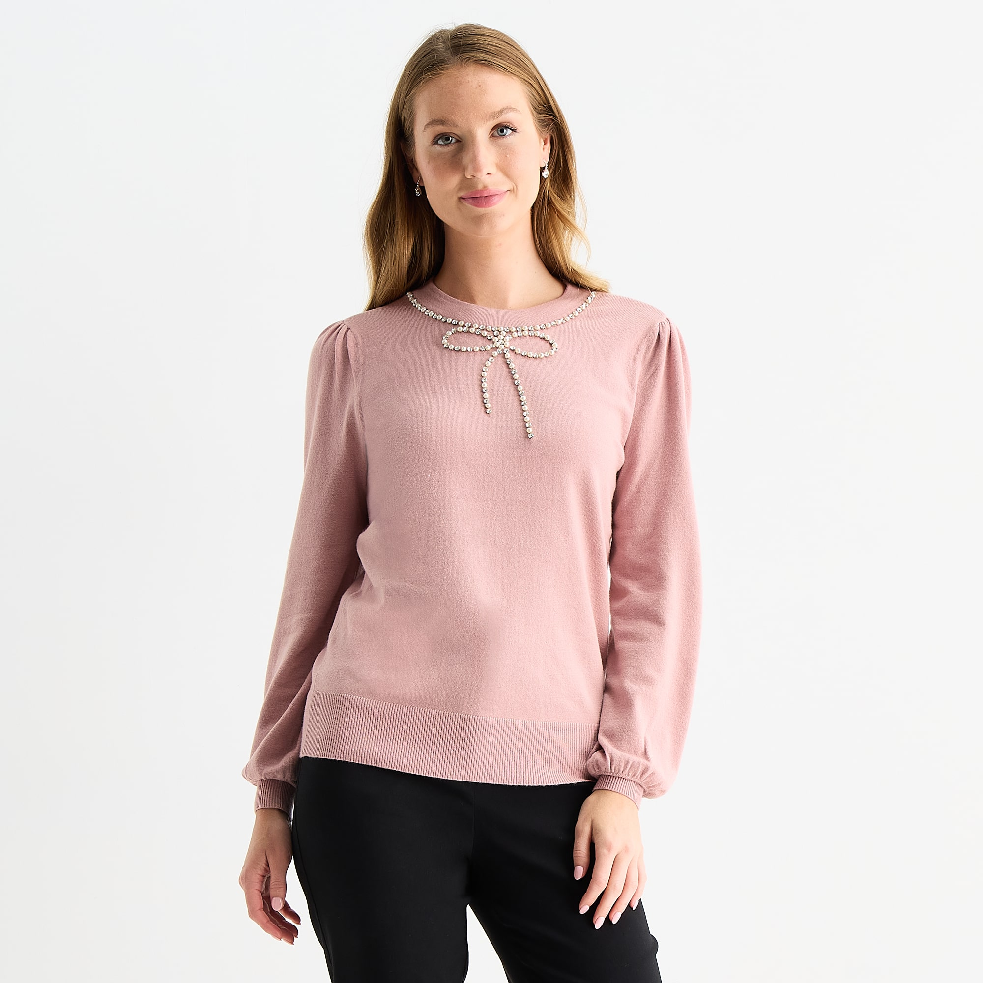 Liz Claiborne Womens Crew Neck Embellished Long Sleeve Pullover Sweater