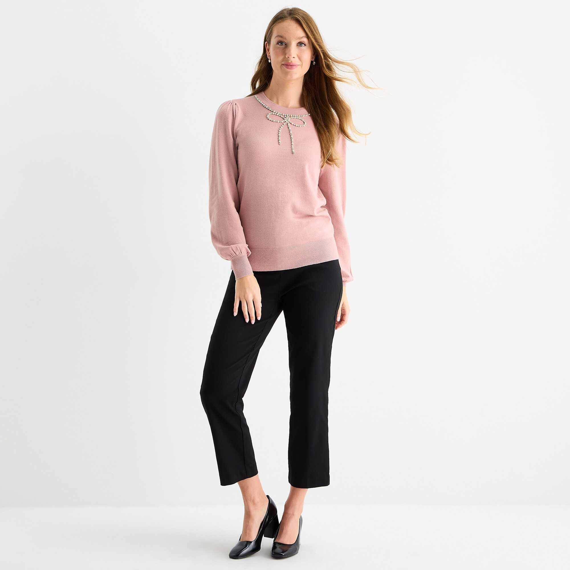 Liz Claiborne Womens Crew Neck Embellished Long Sleeve Pullover Sweater