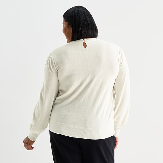 Liz Claiborne Plus Womens Crew Neck Embellished Long Sleeve Pullover Sweater