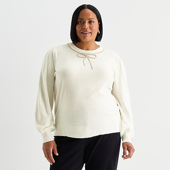 Liz Claiborne Plus Womens Crew Neck Embellished Long Sleeve Pullover Sweater