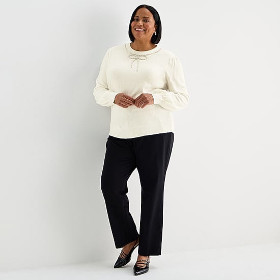 Liz Claiborne Plus Womens Crew Neck Embellished Long Sleeve Pullover Sweater