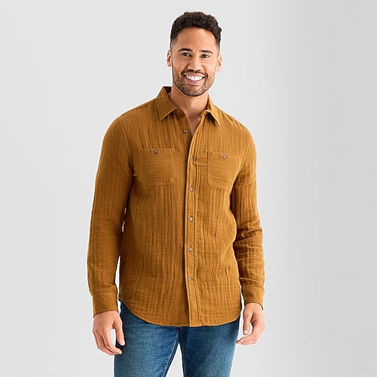 St. John's Bay Double Cloth Mens Long Sleeve Classic Fit Button-Down Shirt