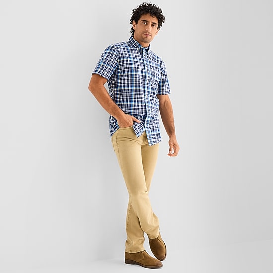 St. John's Bay Stretch Poplin Mens Short Sleeve Slim Fit Button-Down Shirt