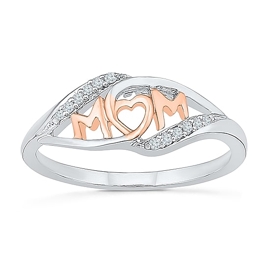 "Mom" Womens 2MM Diamond Accent Natural White Diamond 10K Gold Heart Band